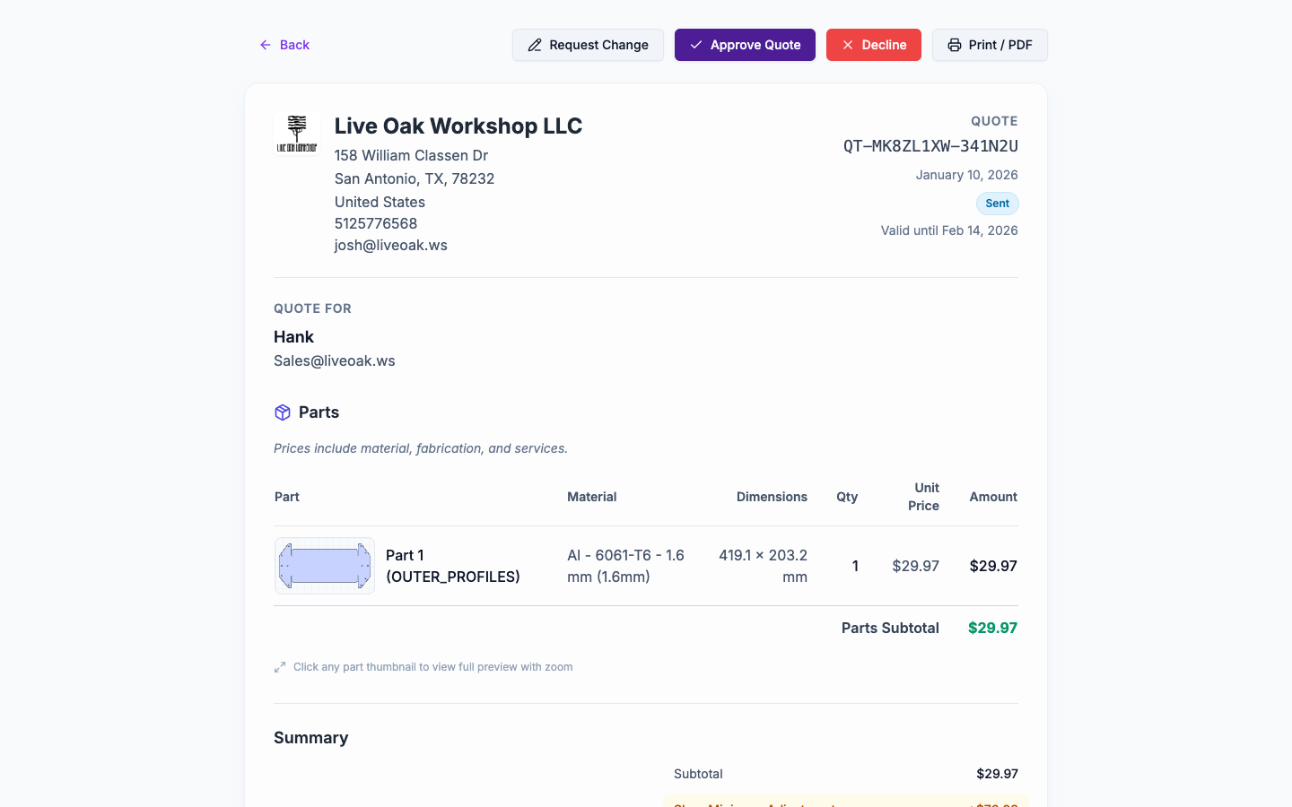 Customer quote page with accept, reject, and request changes actions