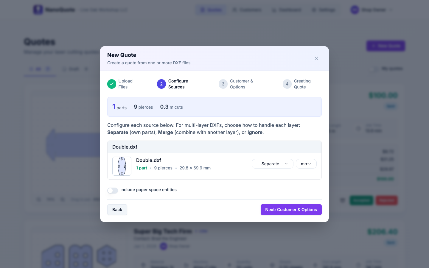 DXF source selection with layers, units, and preview metrics