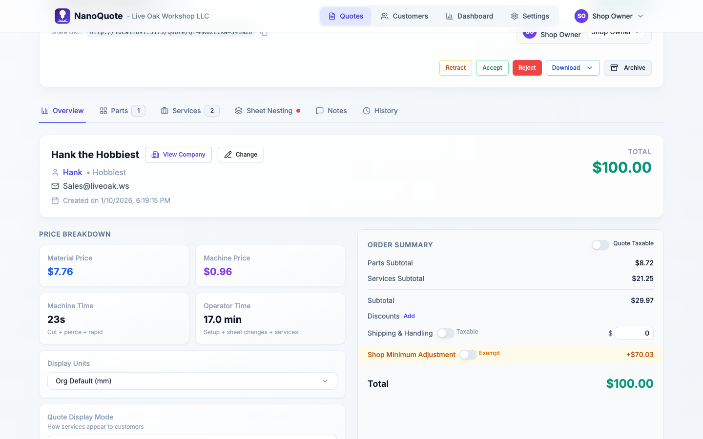 Quote calculator showing pricing breakdown by material, machine, and services