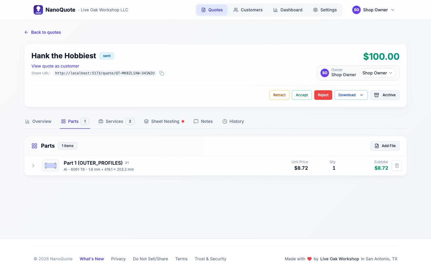 Quote parts tab with line items