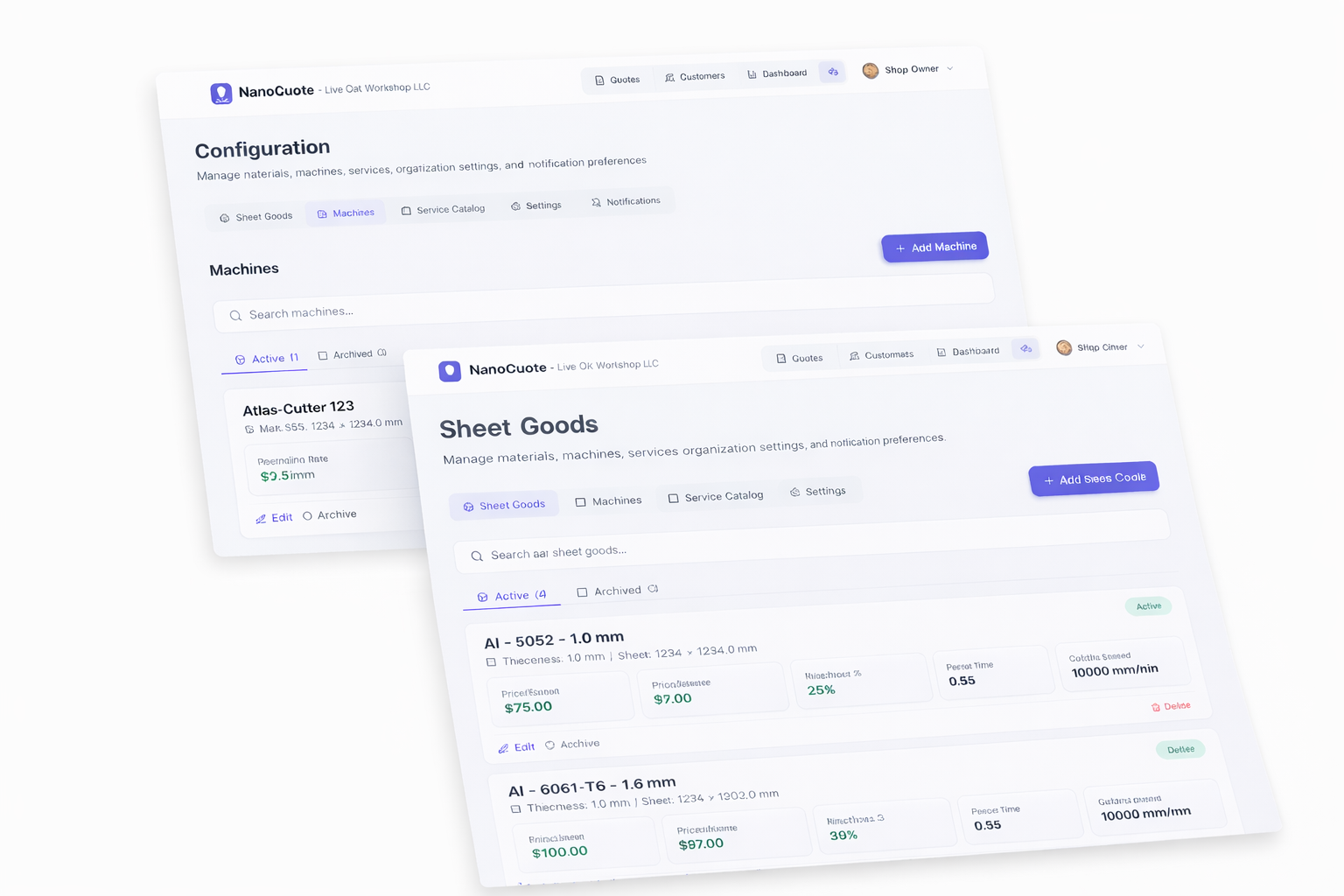 Machine and material library configuration interface