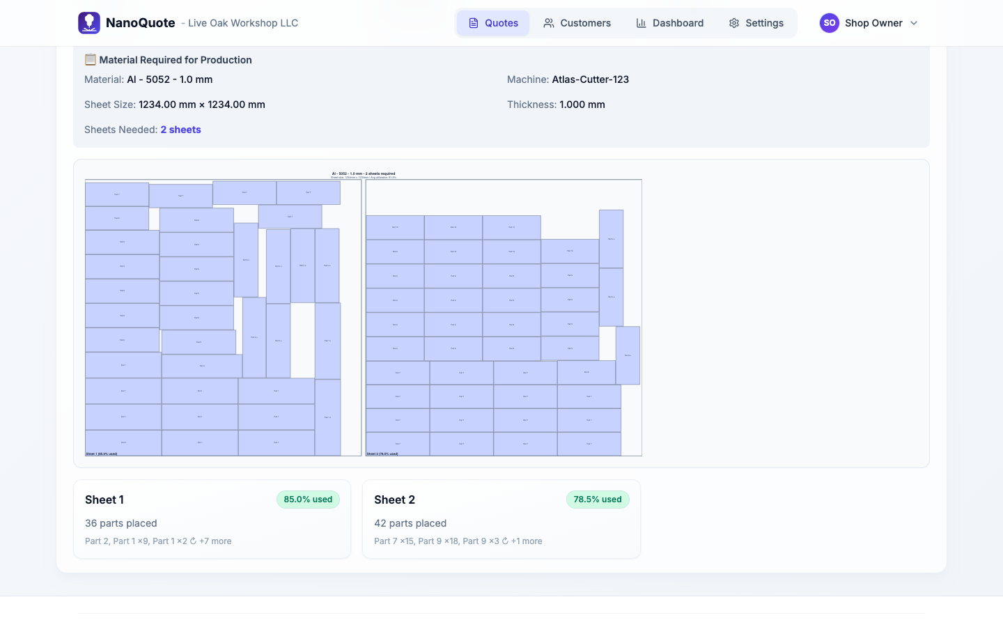Nesting preview showing sheet usage and material cost